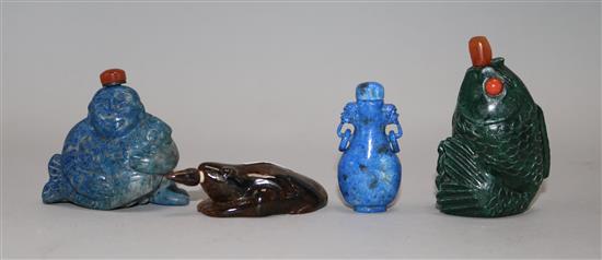 Four Chinese hardstone snuff bottles; in lapis lazuli, malachite and tigers eye